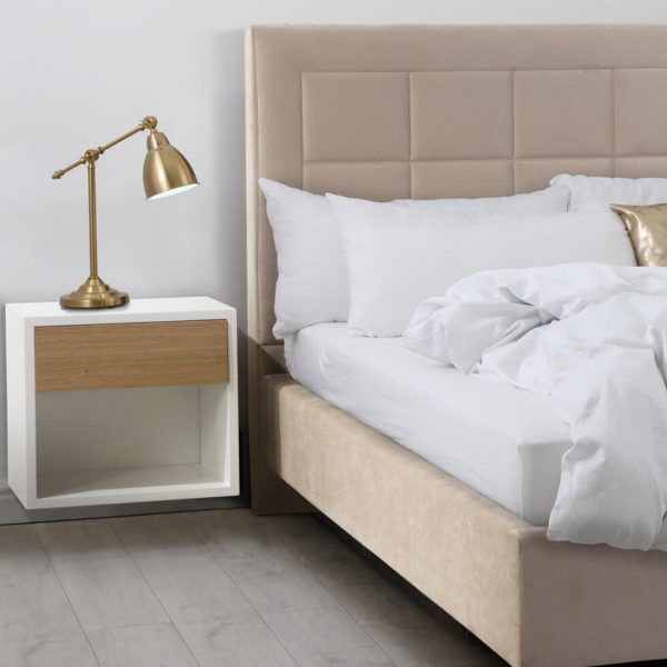 mesita noche flotante kansas laca y chapa natural dormitorio moderno