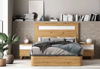 ambiente dormitorio moderno industrial melamina cabezal canape mesitas noche matrimonio