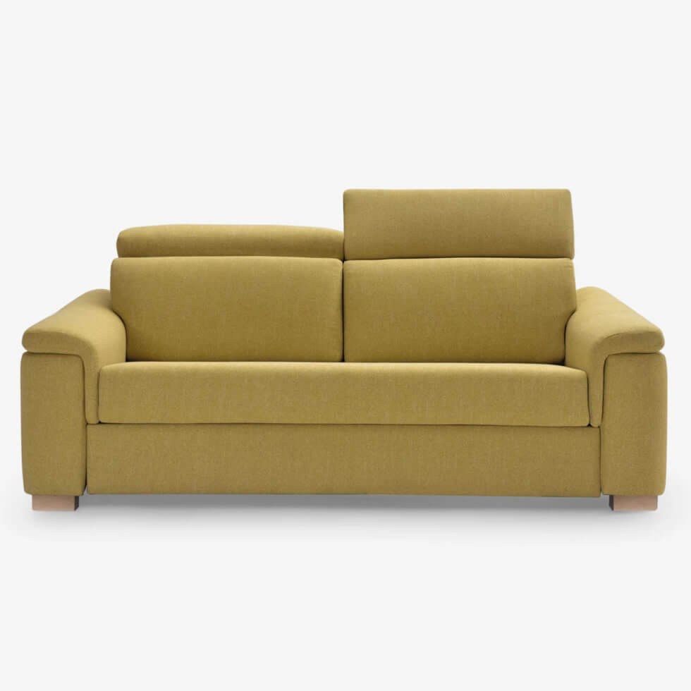 Sofá cama moderno modelo CARMEL con sistema apertura italiano con cabezal abatible detalle sofa cama cabezal abatible moderno carmel tapizado patas madera