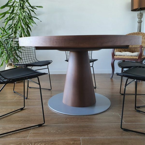 detalle mesa comedor redonda extensible prisma wood nogal