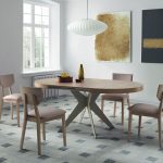 detalle mesa comedor redonda extensible clara melamina chapa natural moderna salon comedor