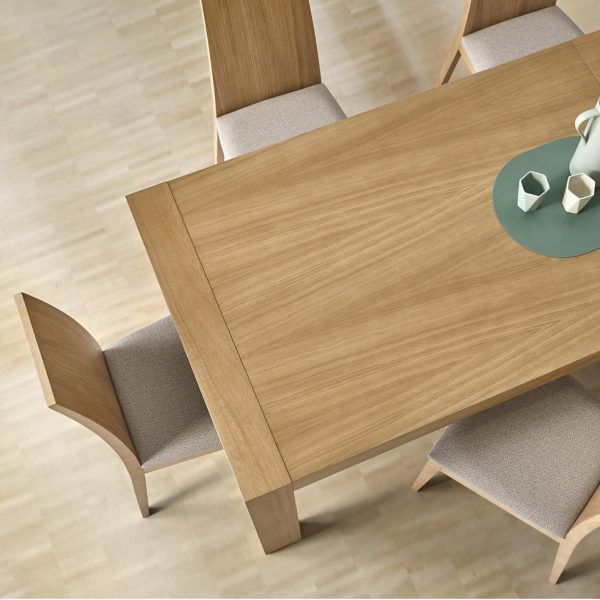 detalle mesa comedor extensible fannia chapa natural moderna