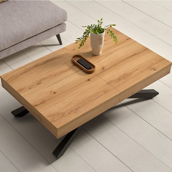 detalle mesa convertible centro helena elevable comedor extensible helena electrica moderna chapa natural melamina laca acero salon