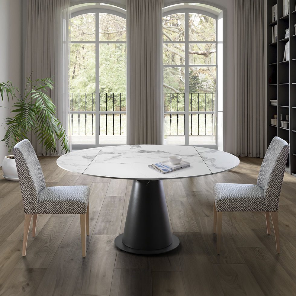 mesa rectangular redonda giratoria porcelanico comedor acero