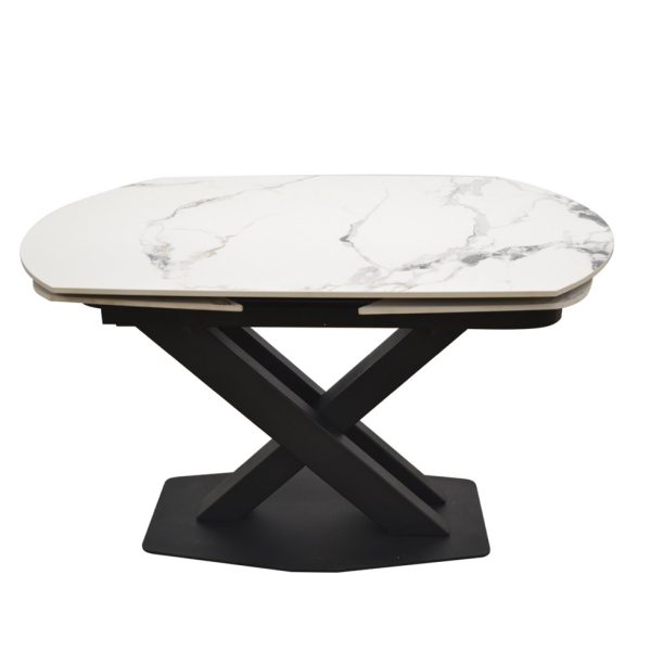 mesa cerrada roda giratoria extensibles porcelanico acero pata central salon